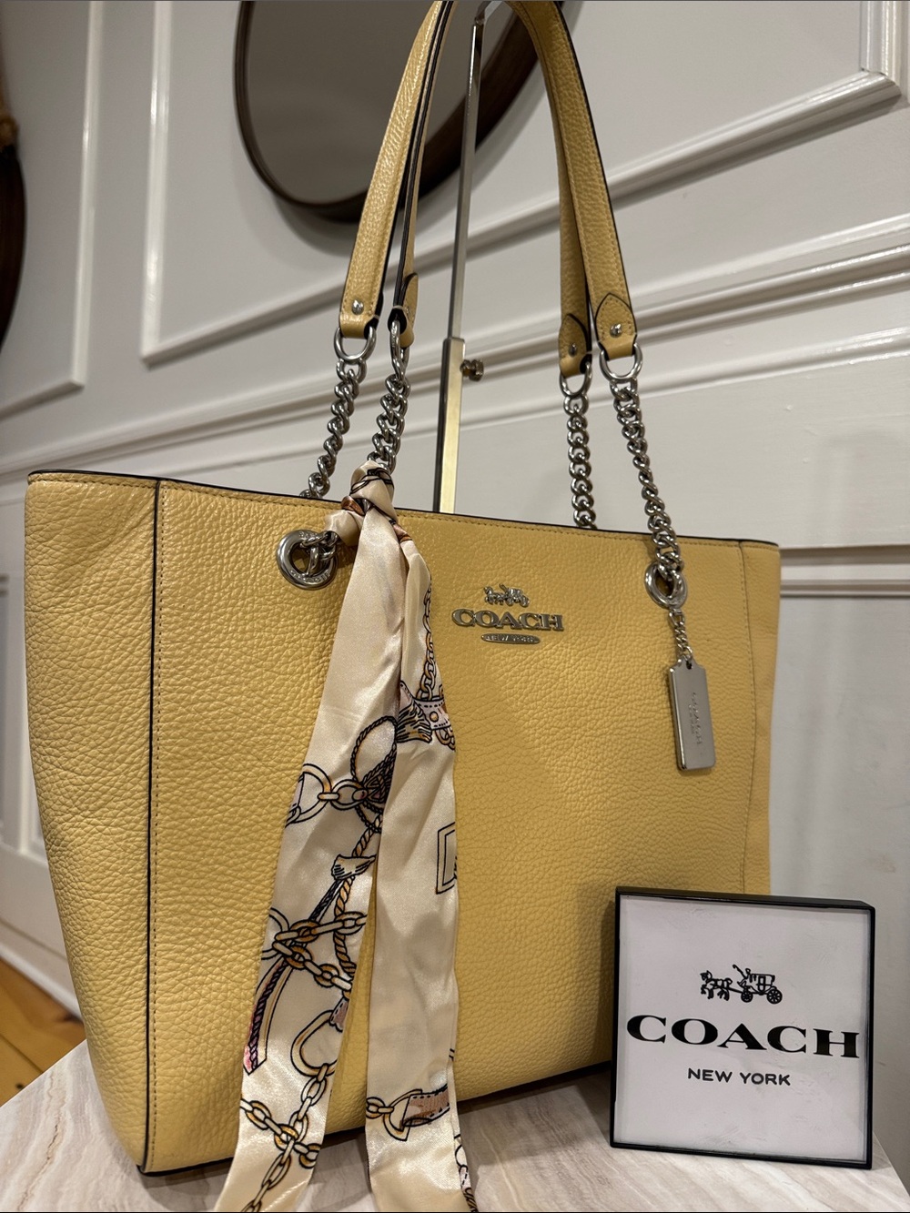Coach Bag Cammie Pale Yellow Pebbled Leather Tote with Chain-Strap Handles